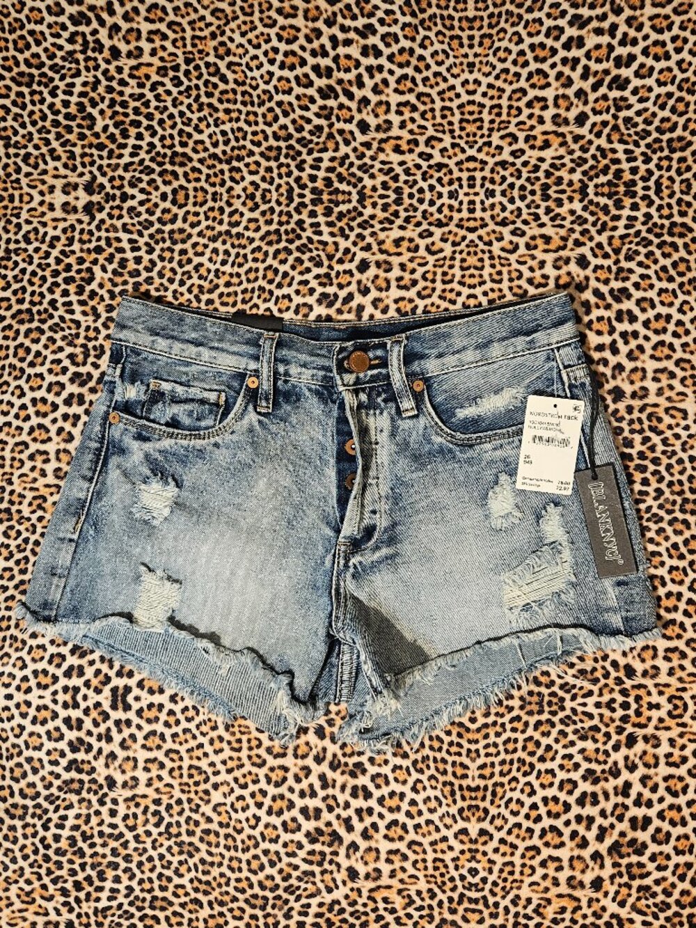 Blank NYC High‑Rise Distressed Denim Shorts Medium Wash, Frayed Hem, Button Fly